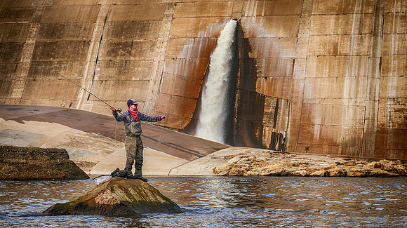Fly Fisherman at Morris Sheppard Dam, Brazos River Texas Version 2 TIFF