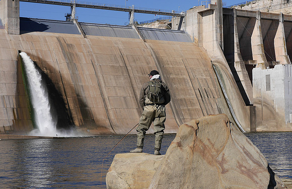 Fly angler below the Morris Sheppard Dam Brazos River TX